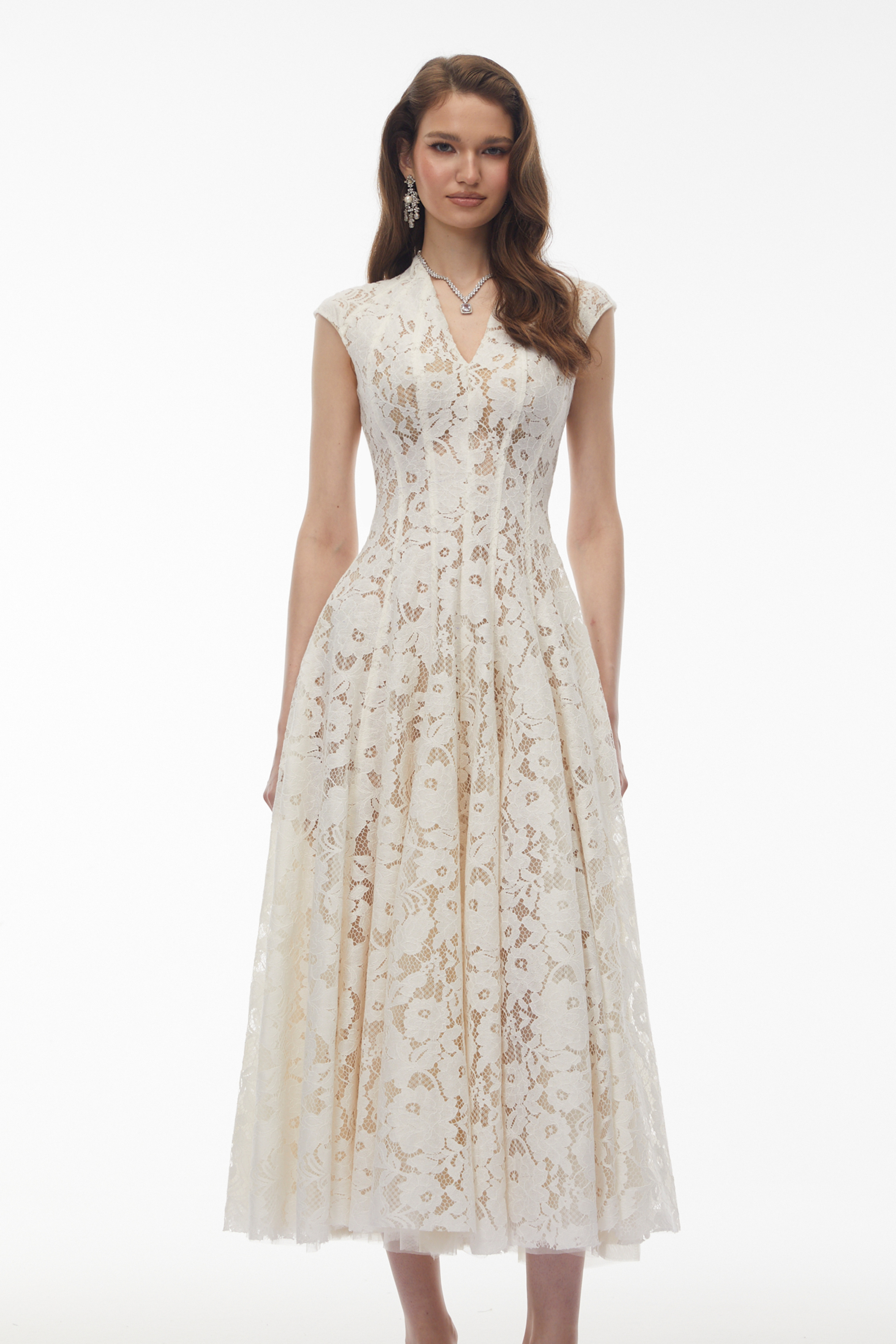 Fariba White V-Neck Floral Lace Maxi Dress