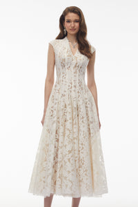 Fariba White V-Neck Floral Lace Maxi Dress