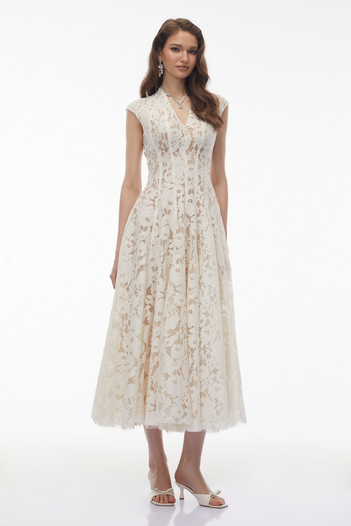 Fariba White V-Neck Floral Lace Maxi Dress