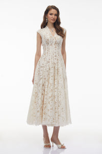 Fariba White V-Neck Floral Lace Maxi Dress