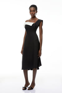 Faustine Black Asymmetrical Color Block Midi Dress