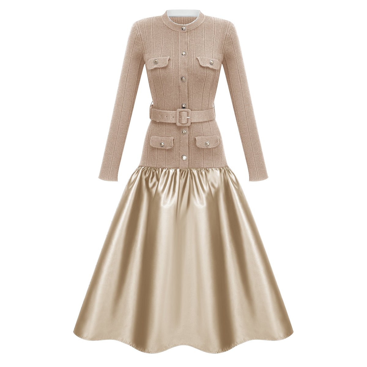 Fern Gold Satin Panel Knit Midi Dress
