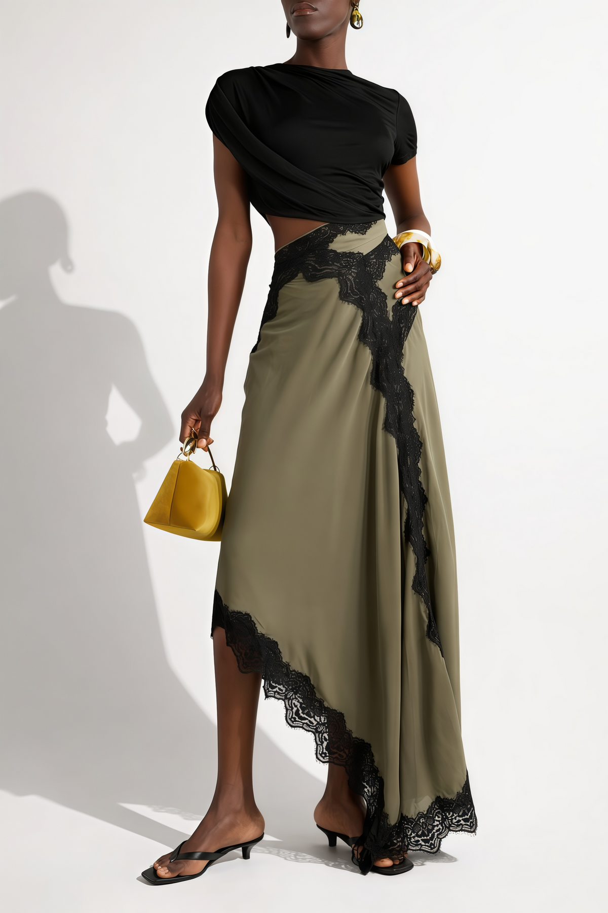 Fiamma Black Gathered Lace Panel Maxi Dress