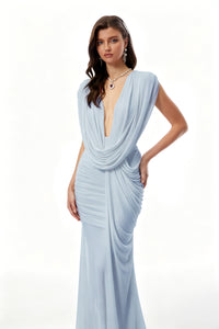 Fíona Blue Asymmetrical Draped Maxi Gown