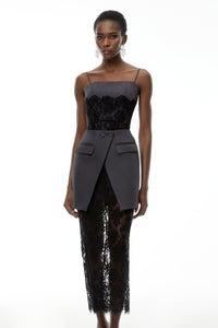 Fiona Grey Lace Panel Asymmetrical Maxi Dress