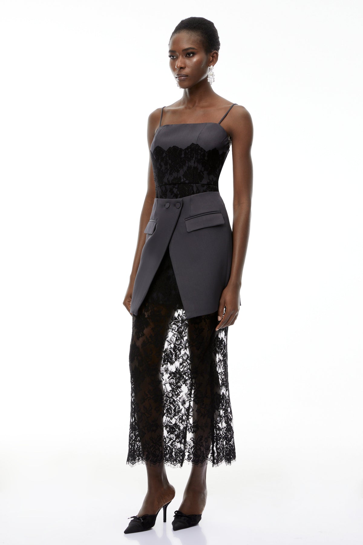 Fiona Grey Lace Panel Asymmetrical Maxi Dress