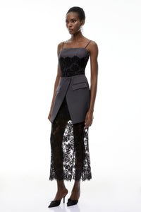 Fiona Grey Lace Panel Asymmetrical Maxi Dress