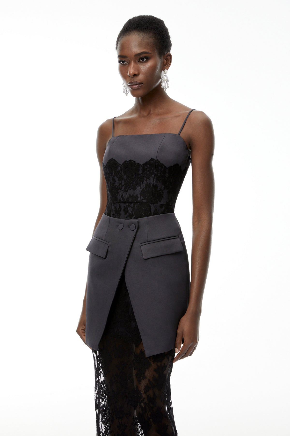 Fiona Grey Lace Panel Asymmetrical Maxi Dress