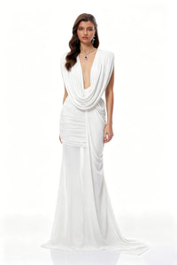 Fíona White Asymmetrical Draped Maxi Gown