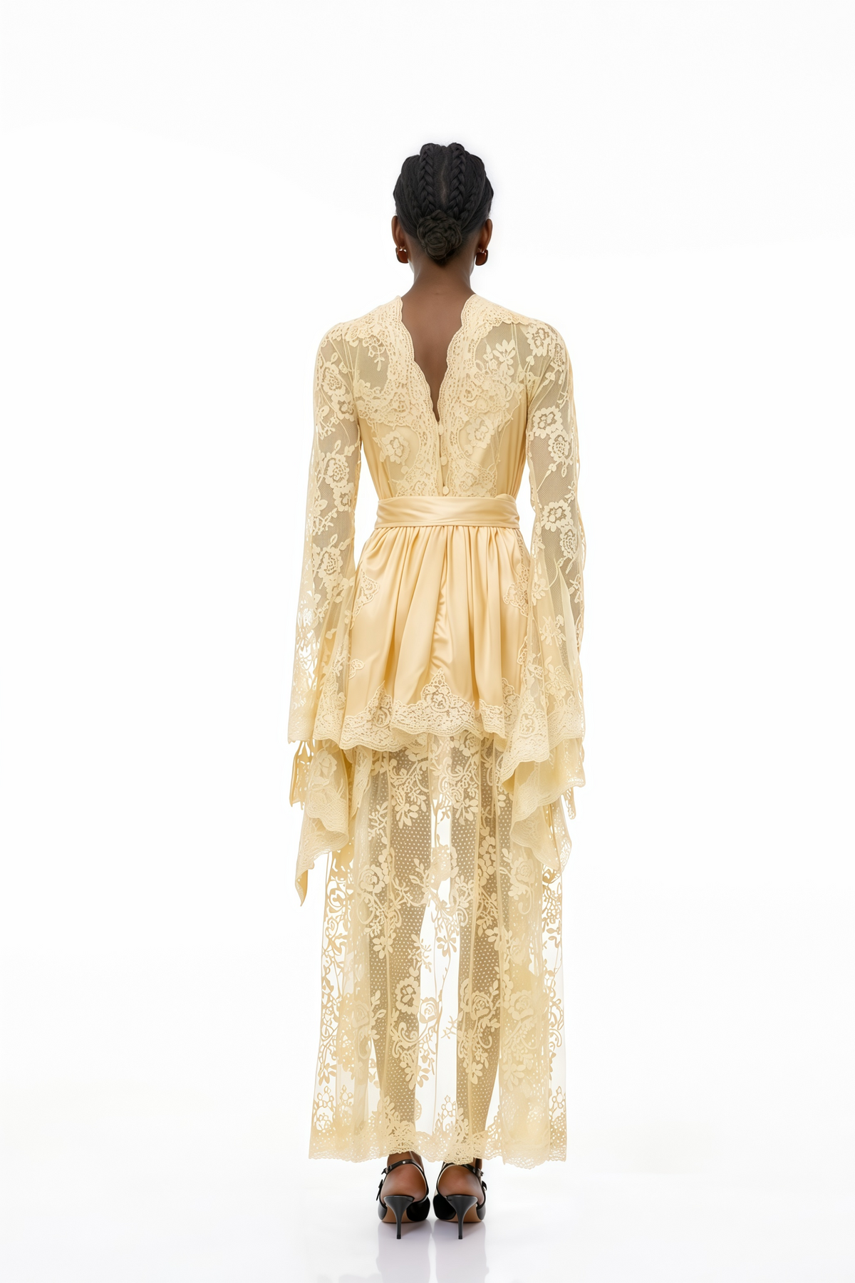 Francesca Neutral Self-tie Lace Midi Dress