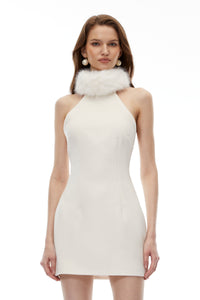 Francesca White Halterneck Mini Dress with Faux Fur