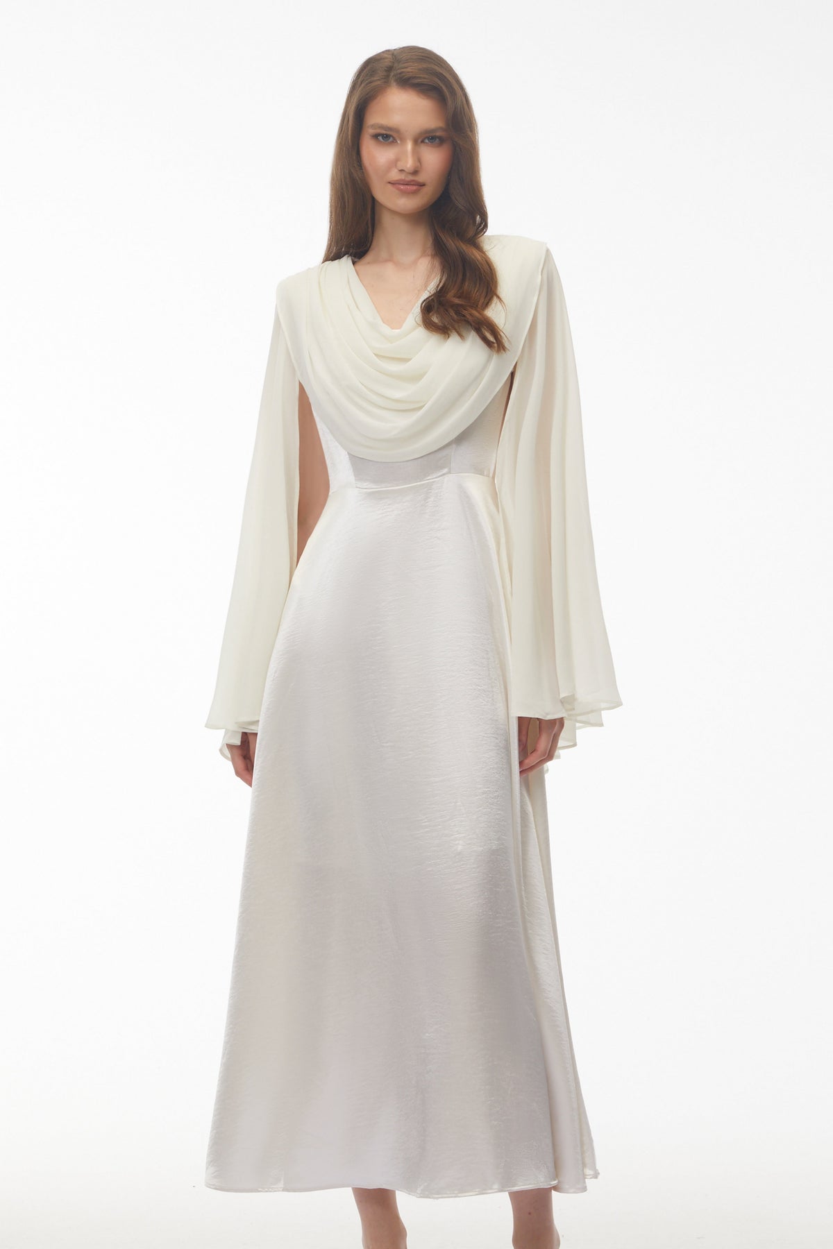 Francine Ivory Draped Neck Maxi Dress with Cape Sleeves