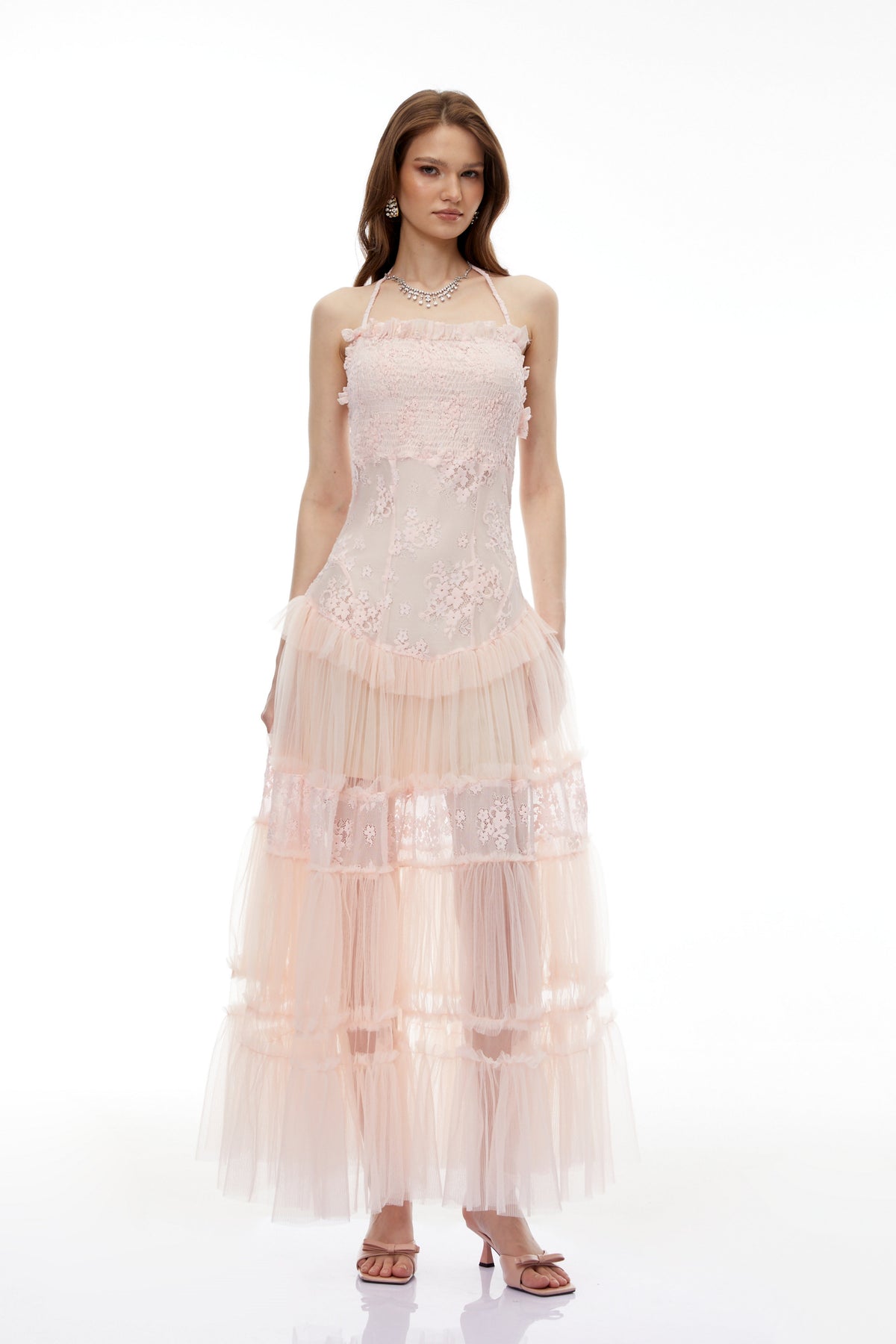 Francine Pink Floral Lace Tiered Maxi Dress