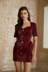 Frankie Red Leather Mini Dress with Decorative Buttons