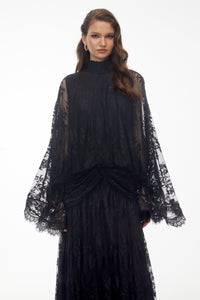 Franziska Black Draped Lace Maxi Dress