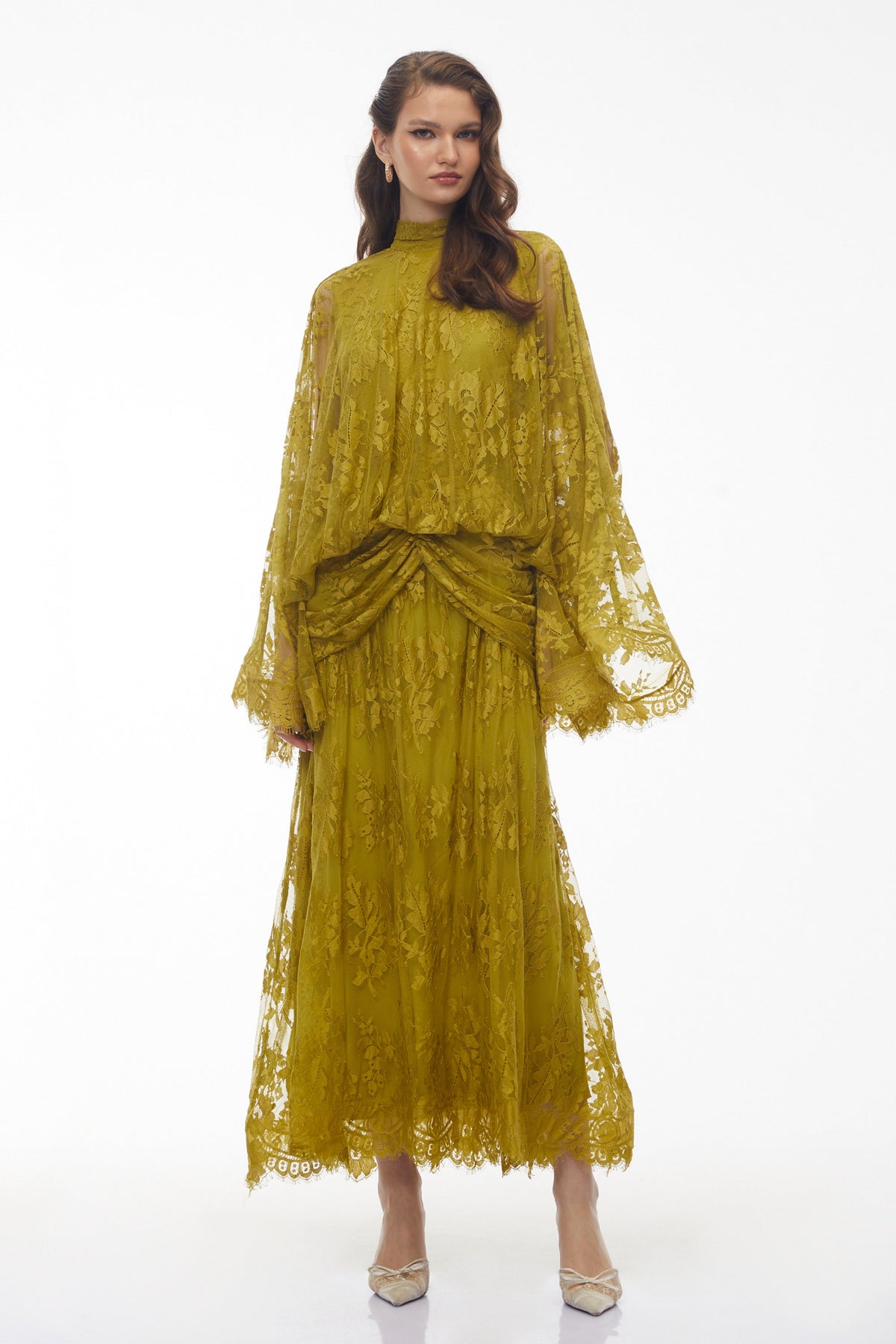 Franziska Yellow Draped Lace Maxi Dress