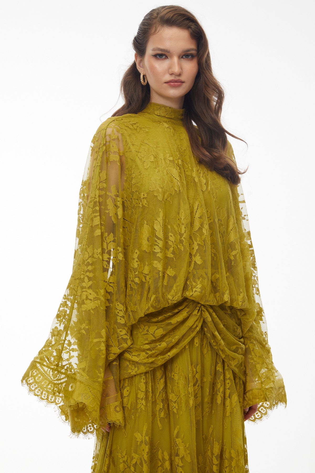 Franziska Yellow Draped Lace Maxi Dress