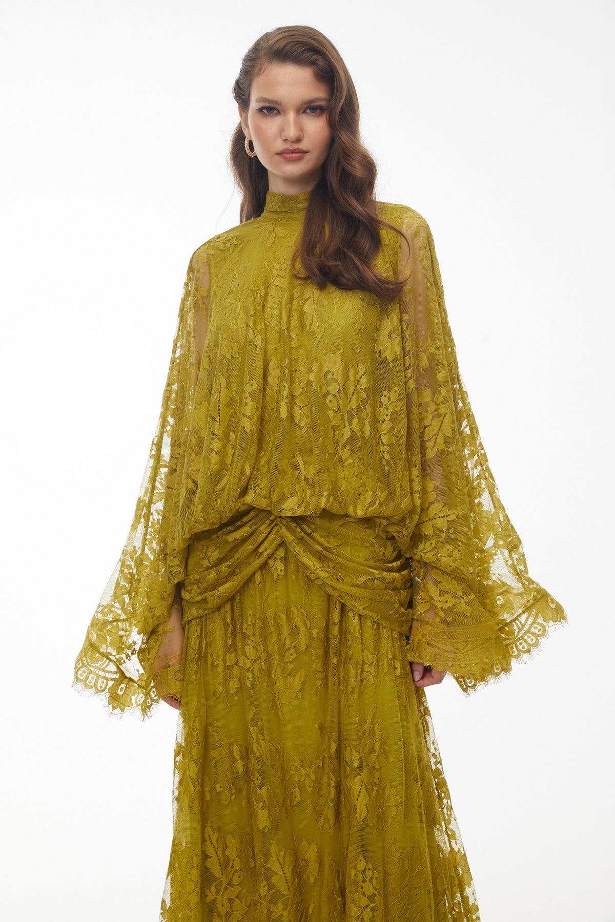 Franziska Yellow Draped Lace Maxi Dress