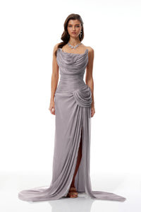 Gelsomina Grey Asymmetrical Glossy Gathered Maxi Dress