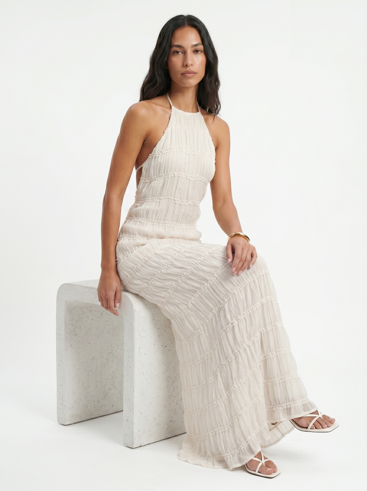 Ivory Textured Halter Neck Maxi Dress