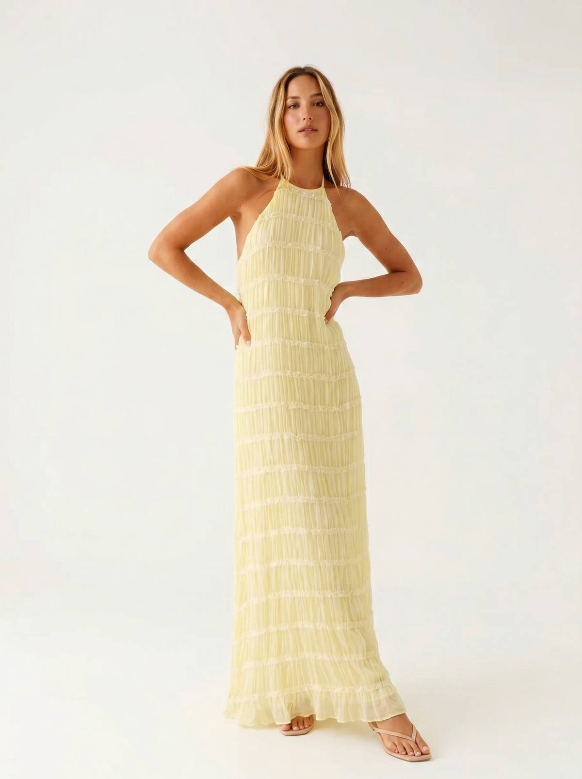 Ivory Textured Halter Neck Maxi Dress