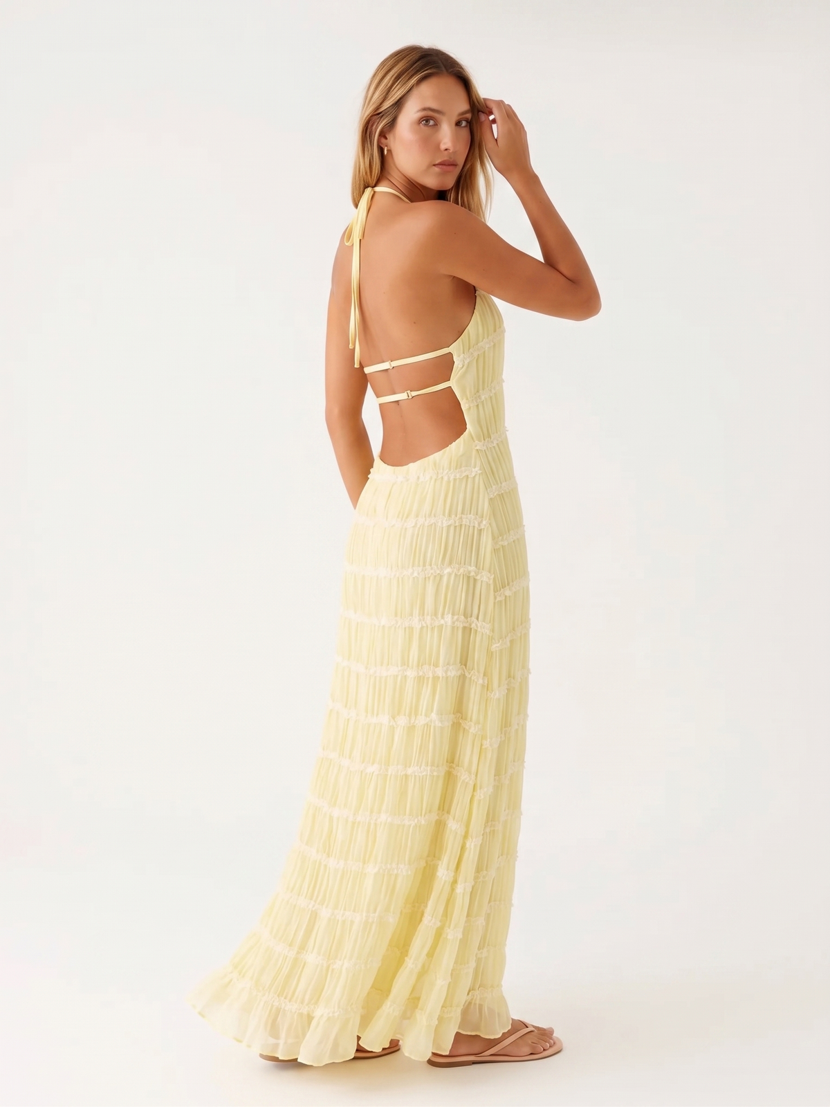 Ivory Textured Halter Neck Maxi Dress