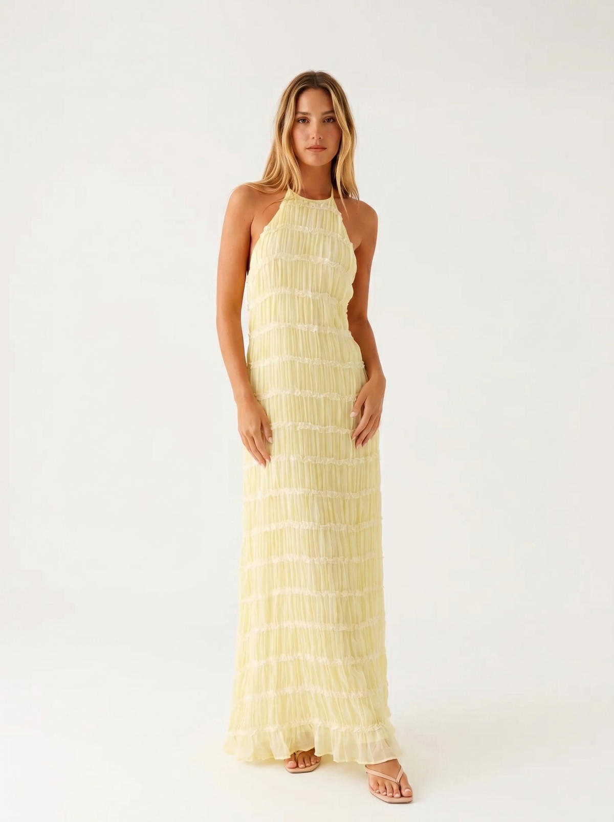 Ivory Textured Halter Neck Maxi Dress