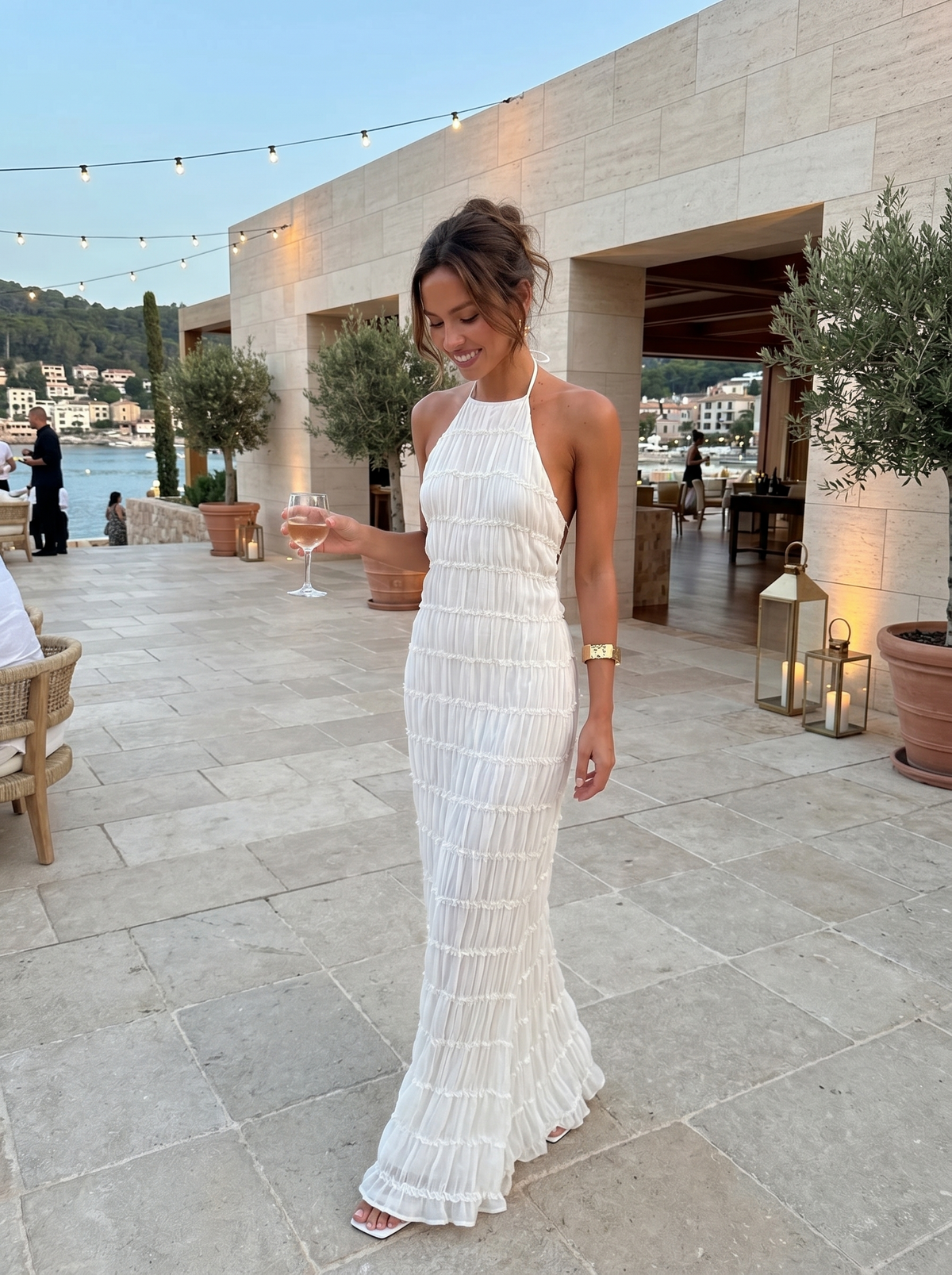 Ivory Textured Halter Neck Maxi Dress