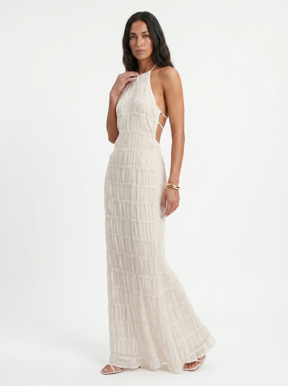 Ivory Textured Halter Neck Maxi Dress