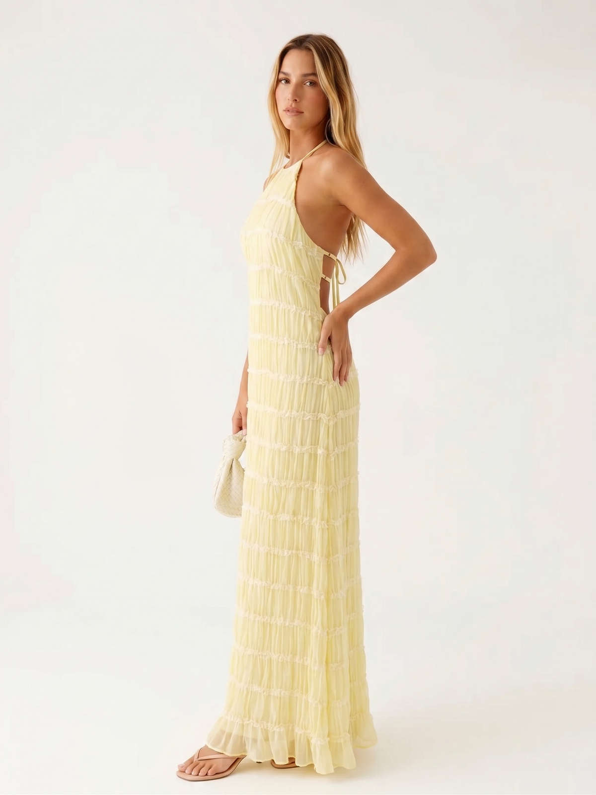Ivory Textured Halter Neck Maxi Dress