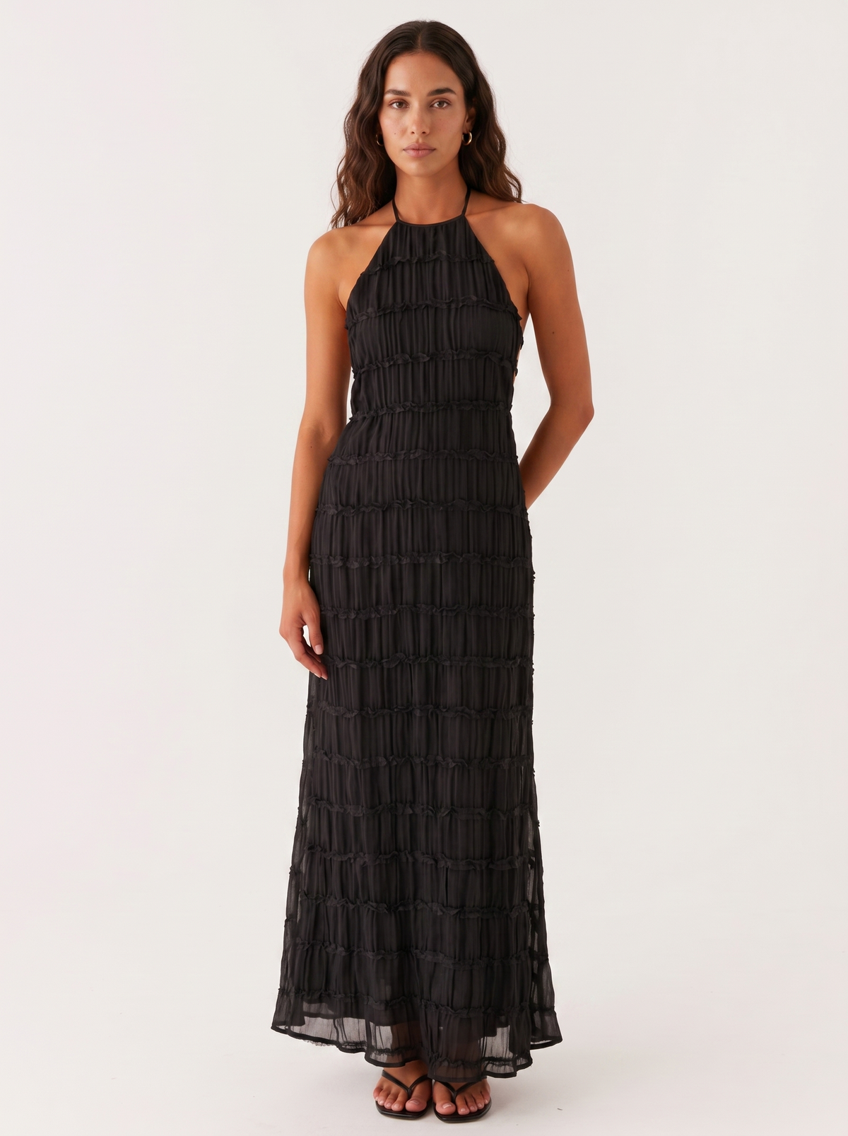 Ivory Textured Halter Neck Maxi Dress