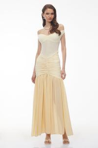 Geneviève Yellow Off Shoulder Ruched Maxi Dress