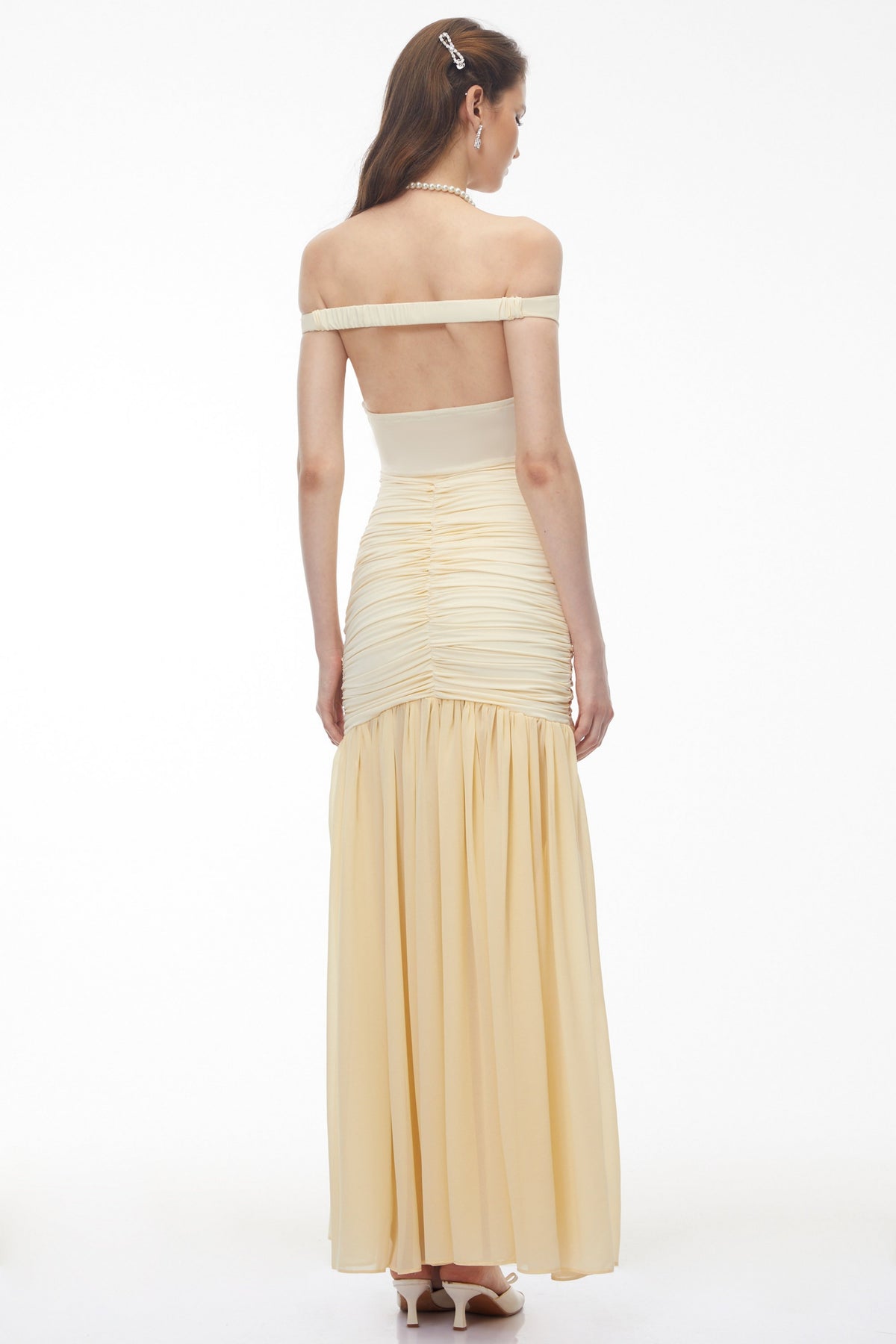 Geneviève Yellow Off Shoulder Ruched Maxi Dress