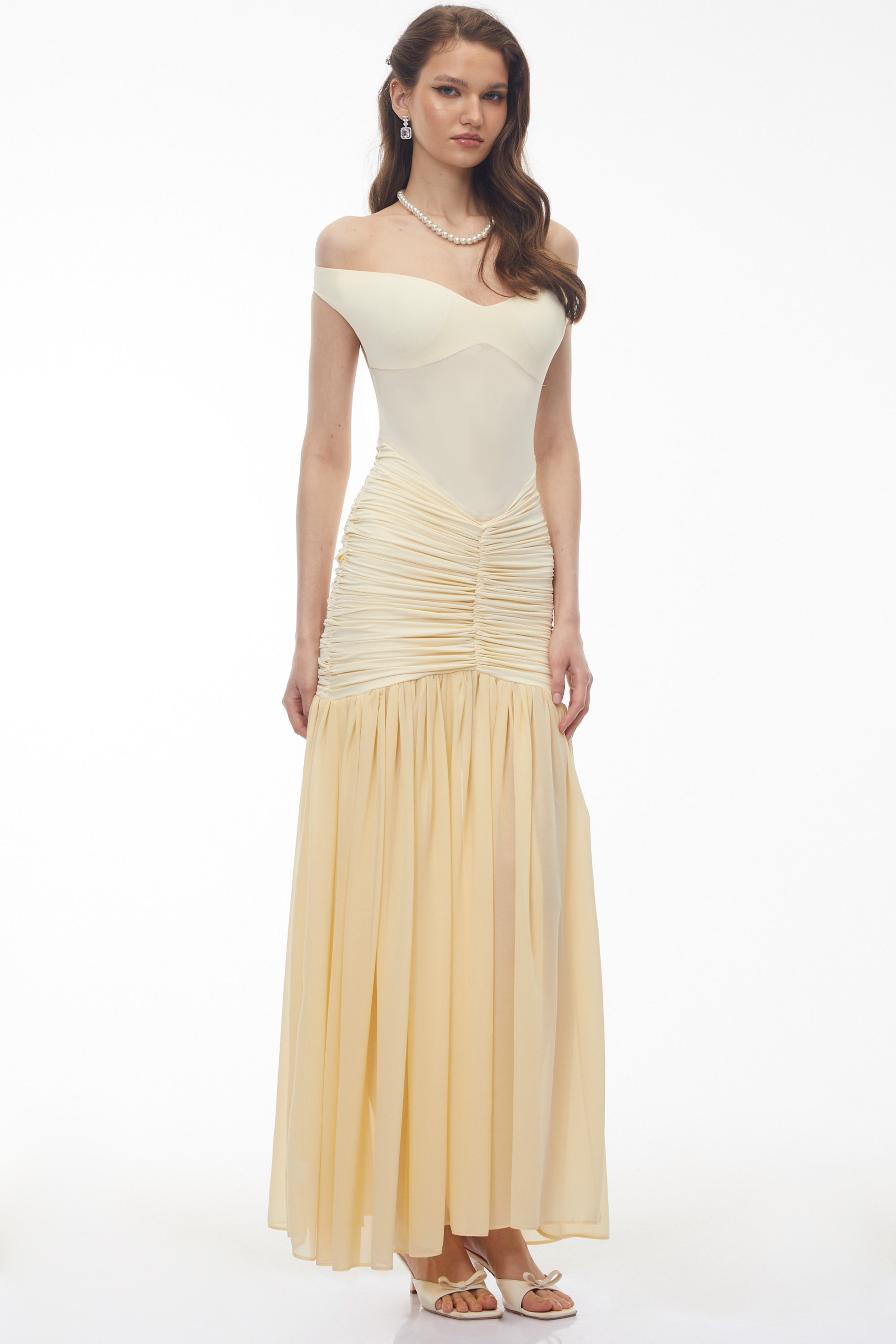 Geneviève Yellow Off Shoulder Ruched Maxi Dress