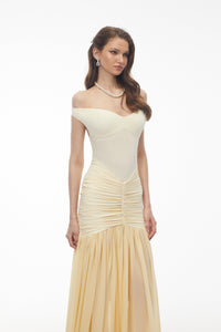 Geneviève Yellow Off Shoulder Ruched Maxi Dress