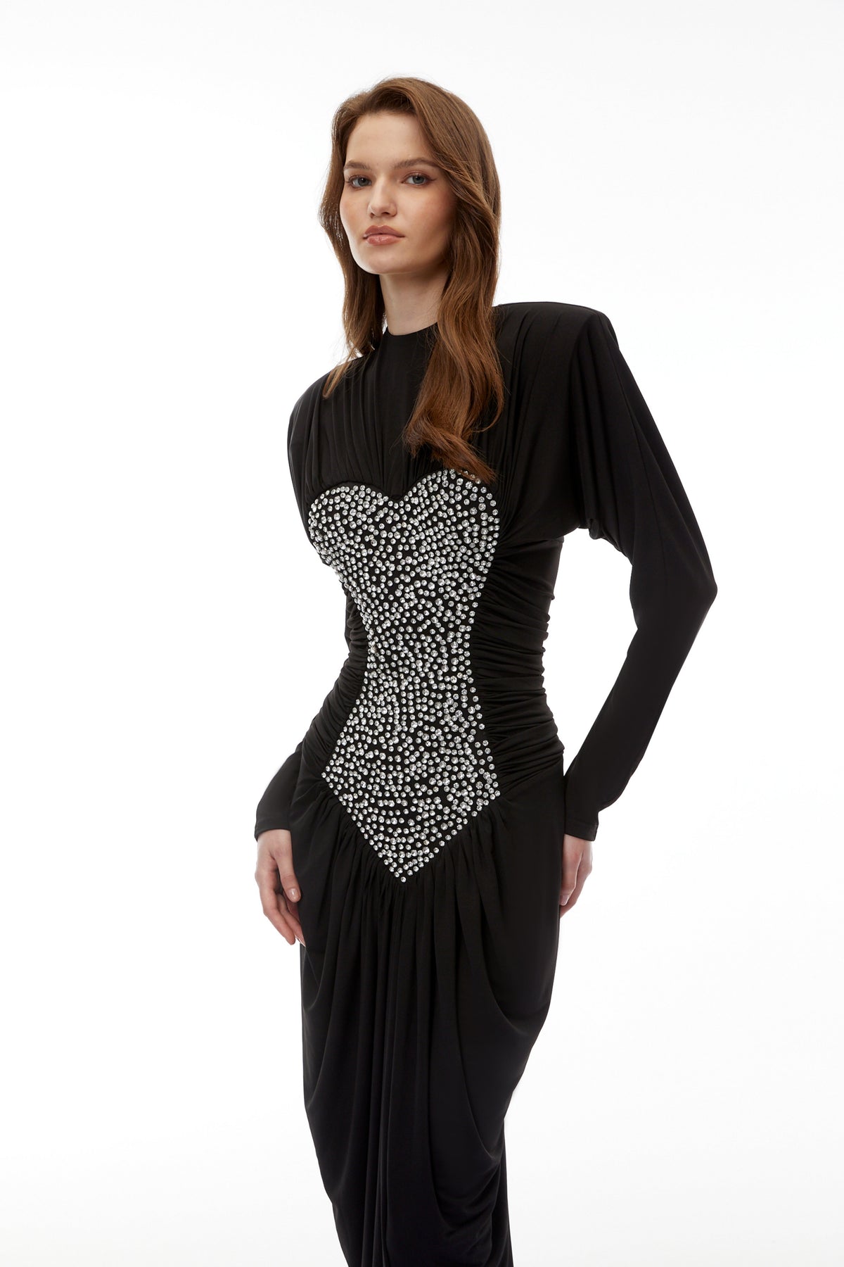 Genevra Black Embellished Ruched Maxi Dress