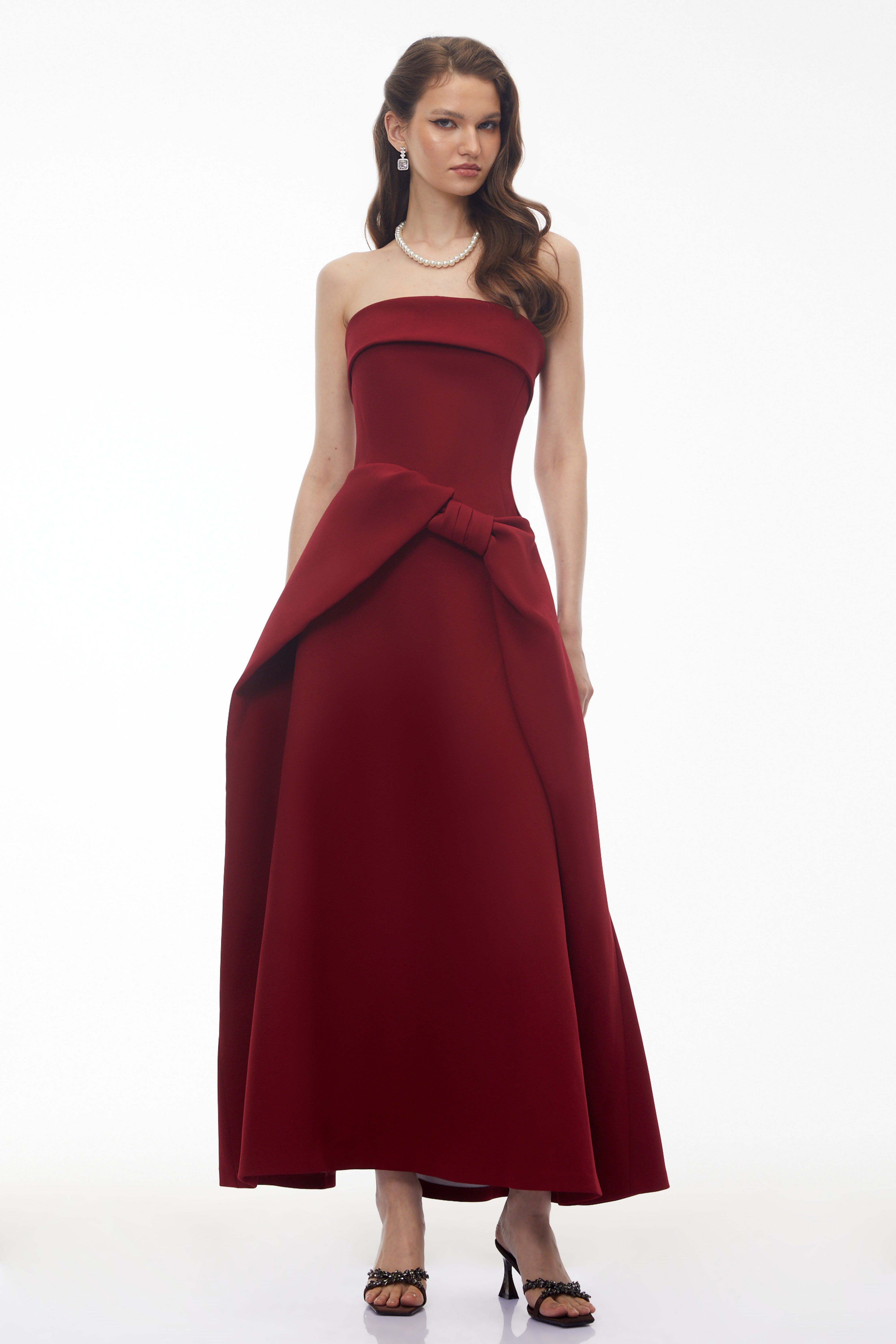 Genoveva Burgundy Off Shoulder Maxi Dress with Bow
