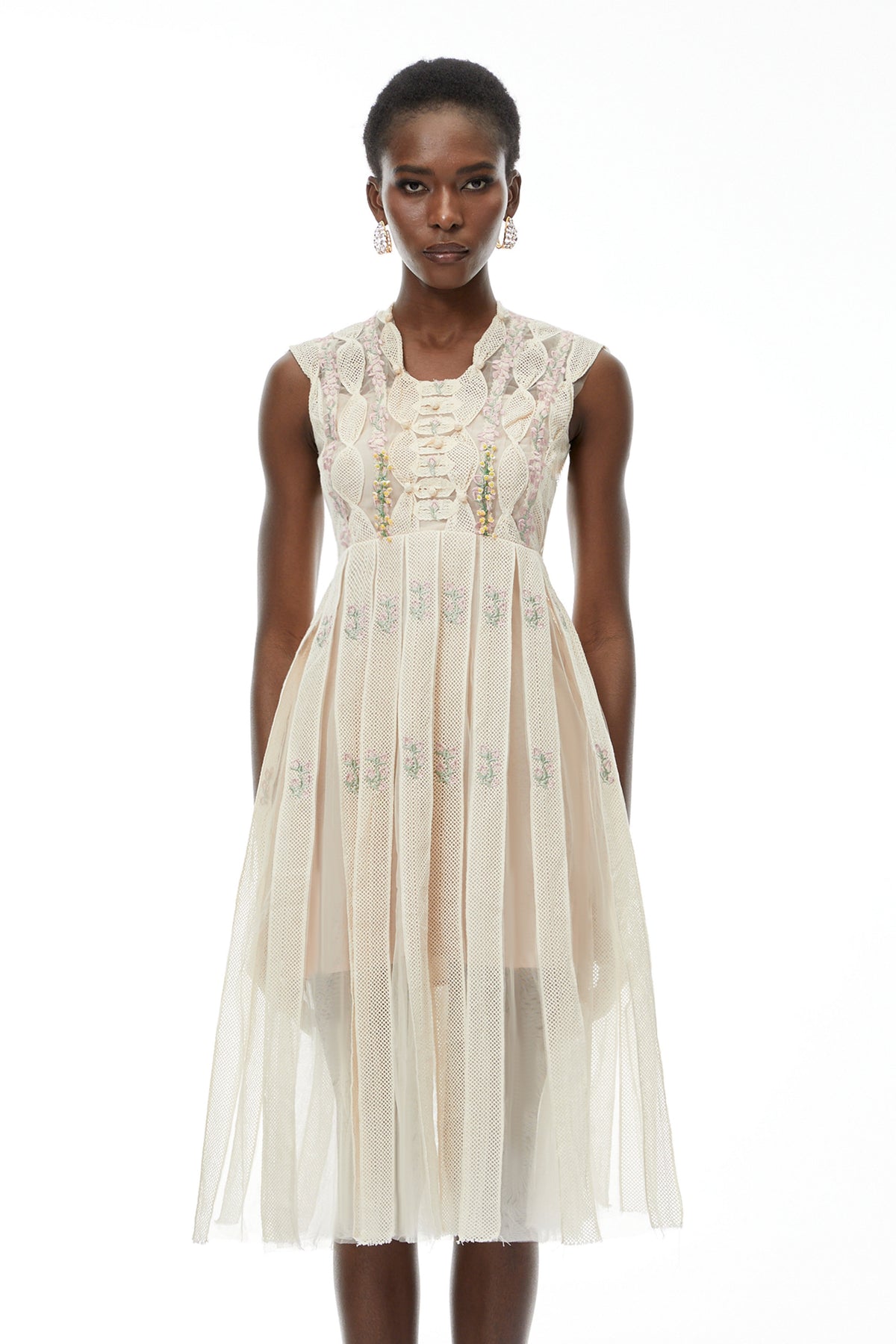 Georgette White Floral Embroidered Pleated Midi Dress