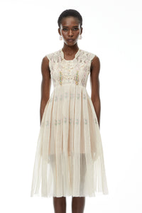 Georgette White Floral Embroidered Pleated Midi Dress