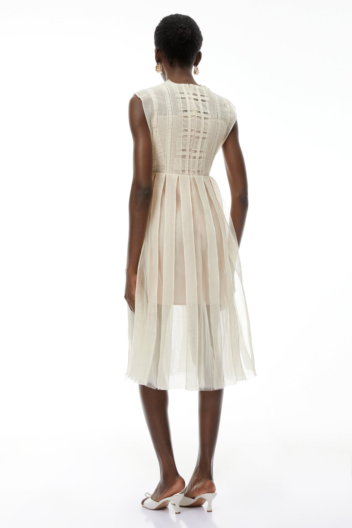 Georgette White Floral Embroidered Pleated Midi Dress