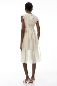 Georgette White Floral Embroidered Pleated Midi Dress