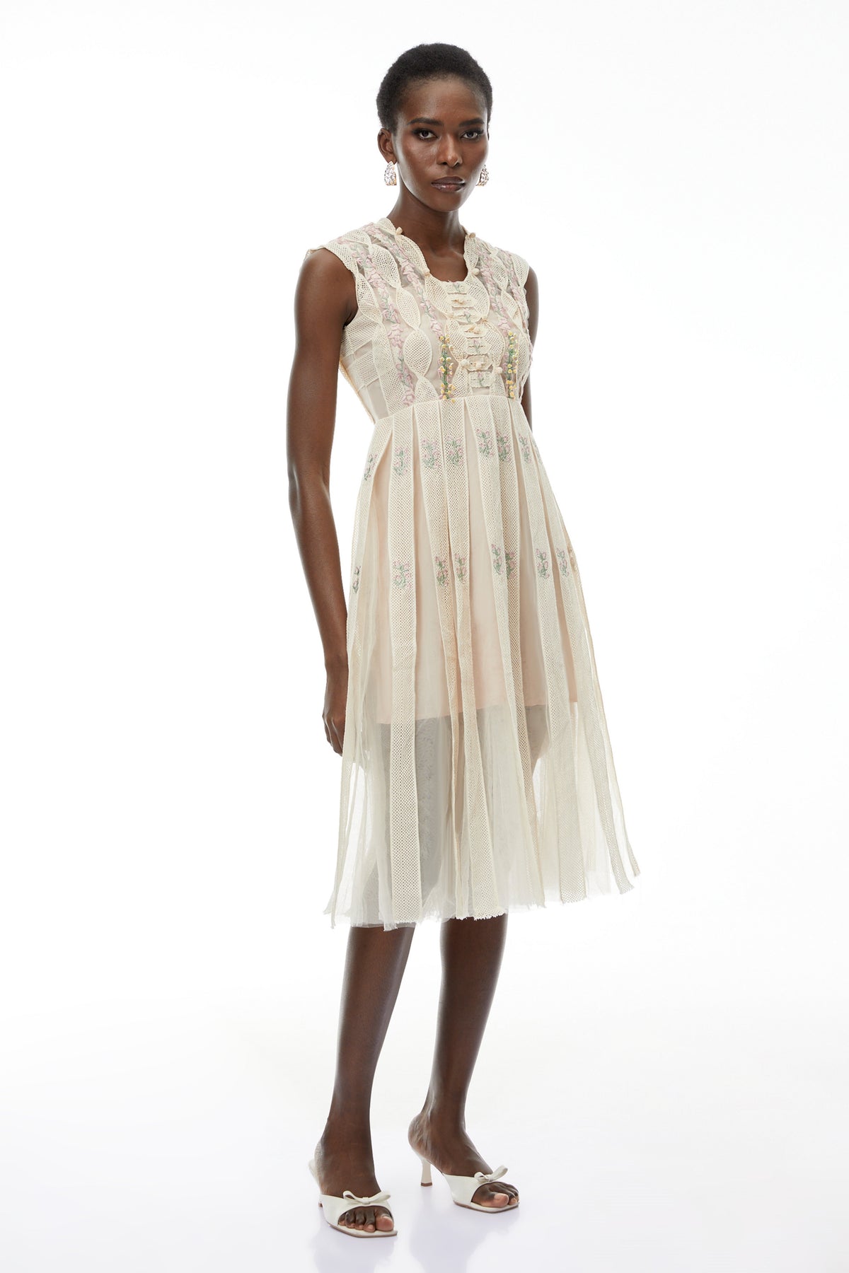 Georgette White Floral Embroidered Pleated Midi Dress