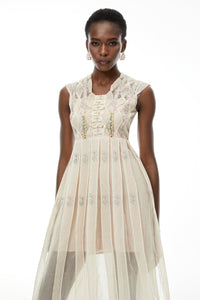 Georgette White Floral Embroidered Pleated Midi Dress