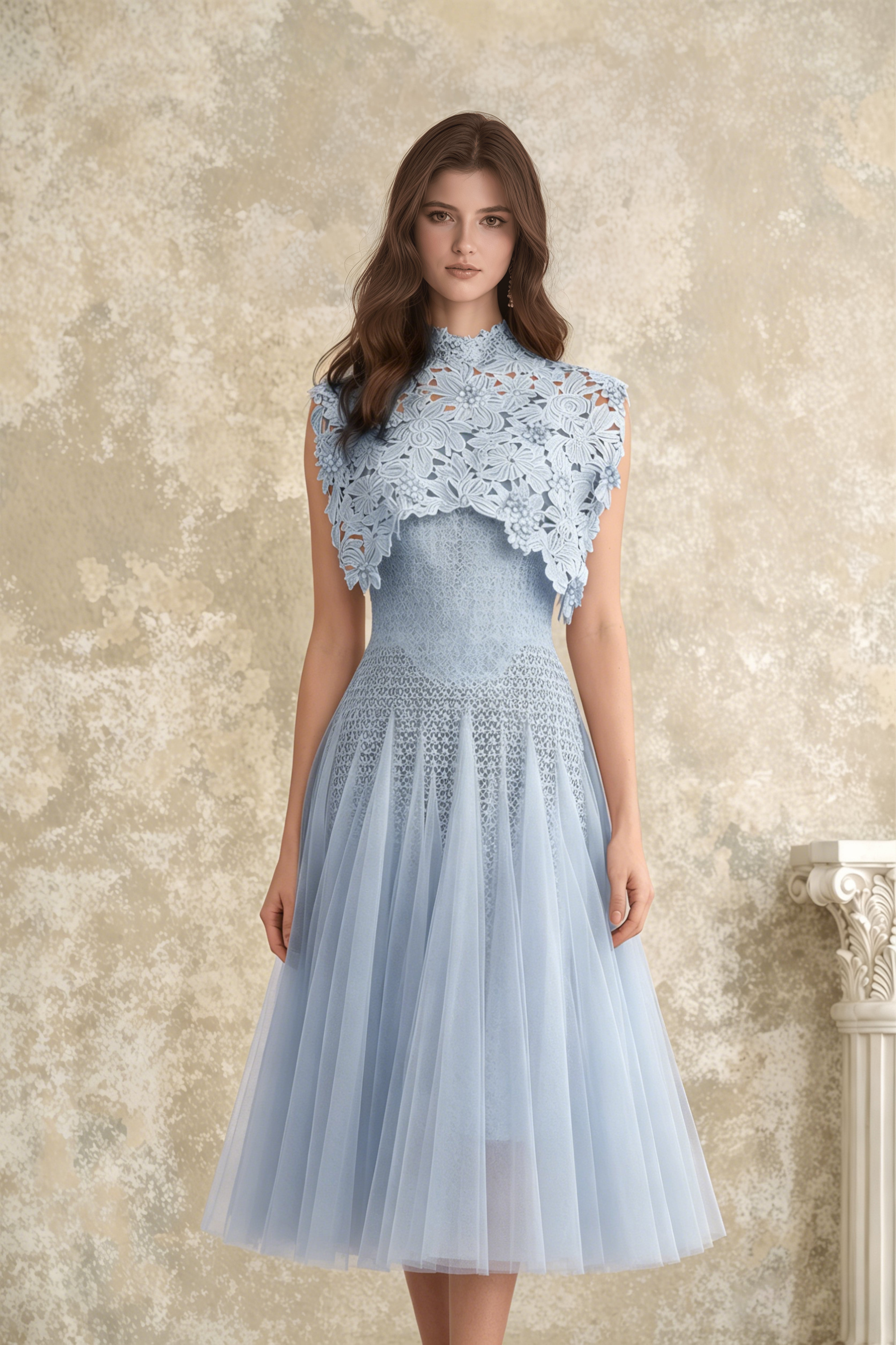Margaret Blue Floral Crochet Midi Dress