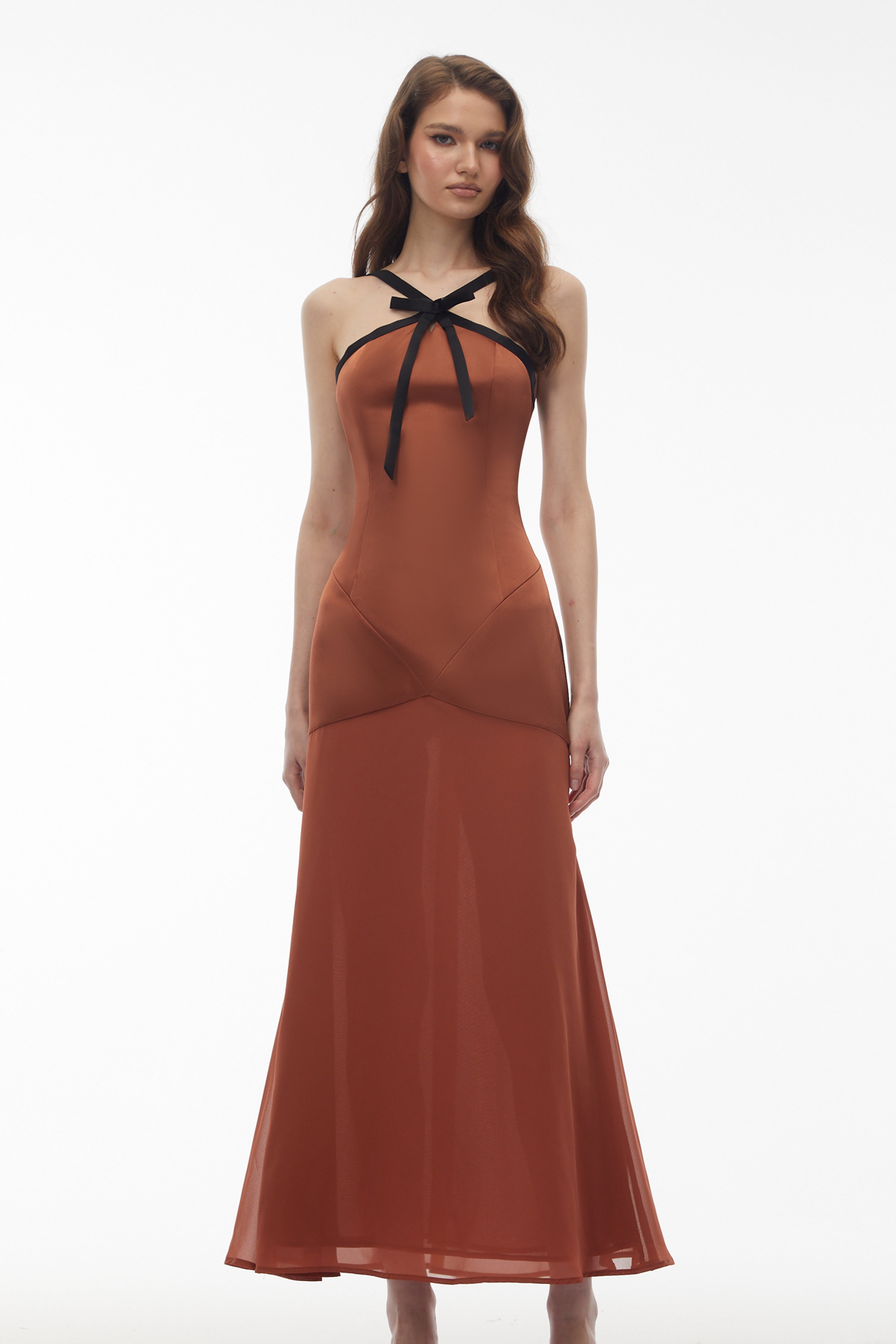 Ginevra Brown Halterneck Maxi Dress with Bow