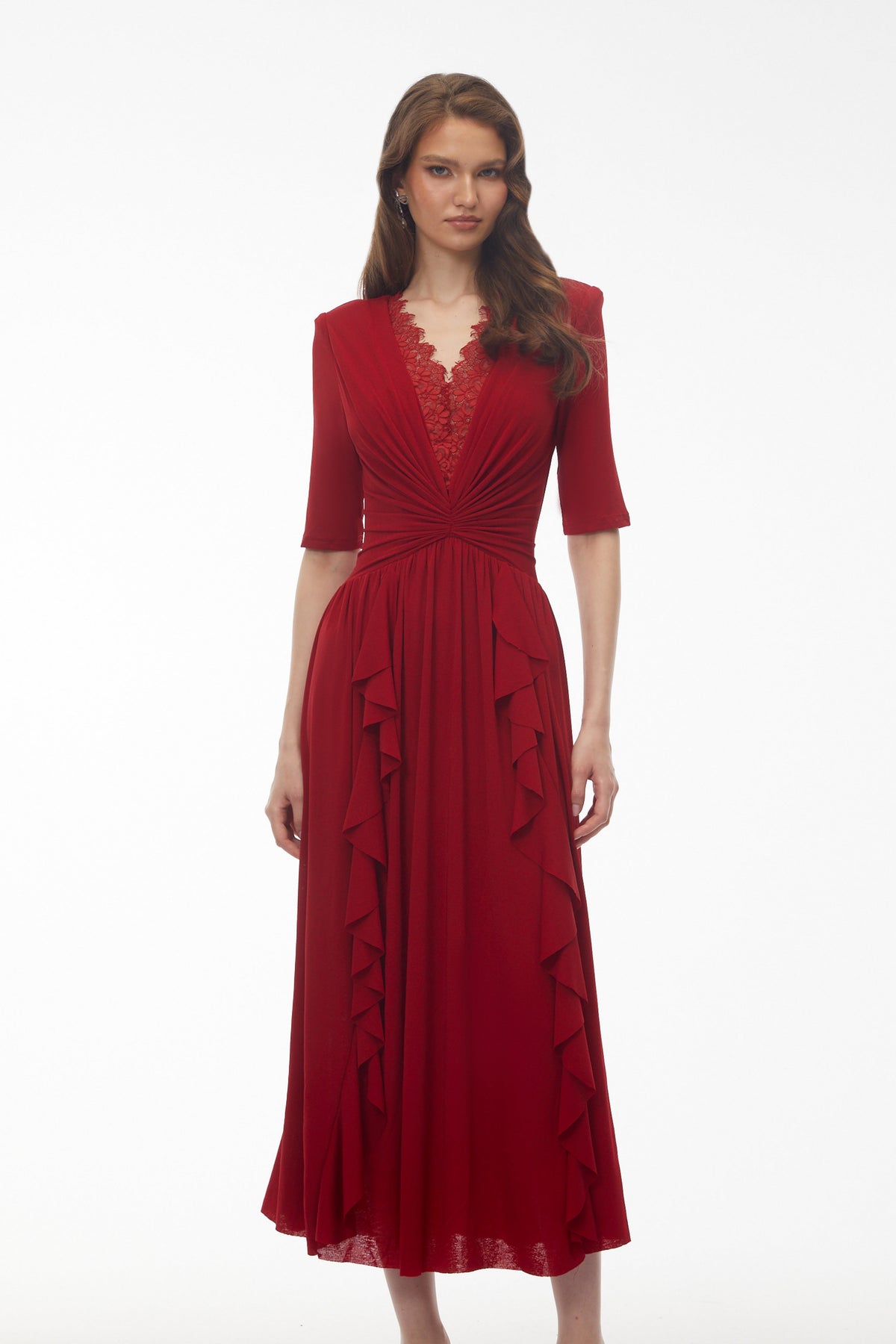 Giovanna Red V-Neck Ruched Midi Dress with Half Sleeves
