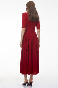 Giovanna Red V-Neck Ruched Midi Dress with Half Sleeves