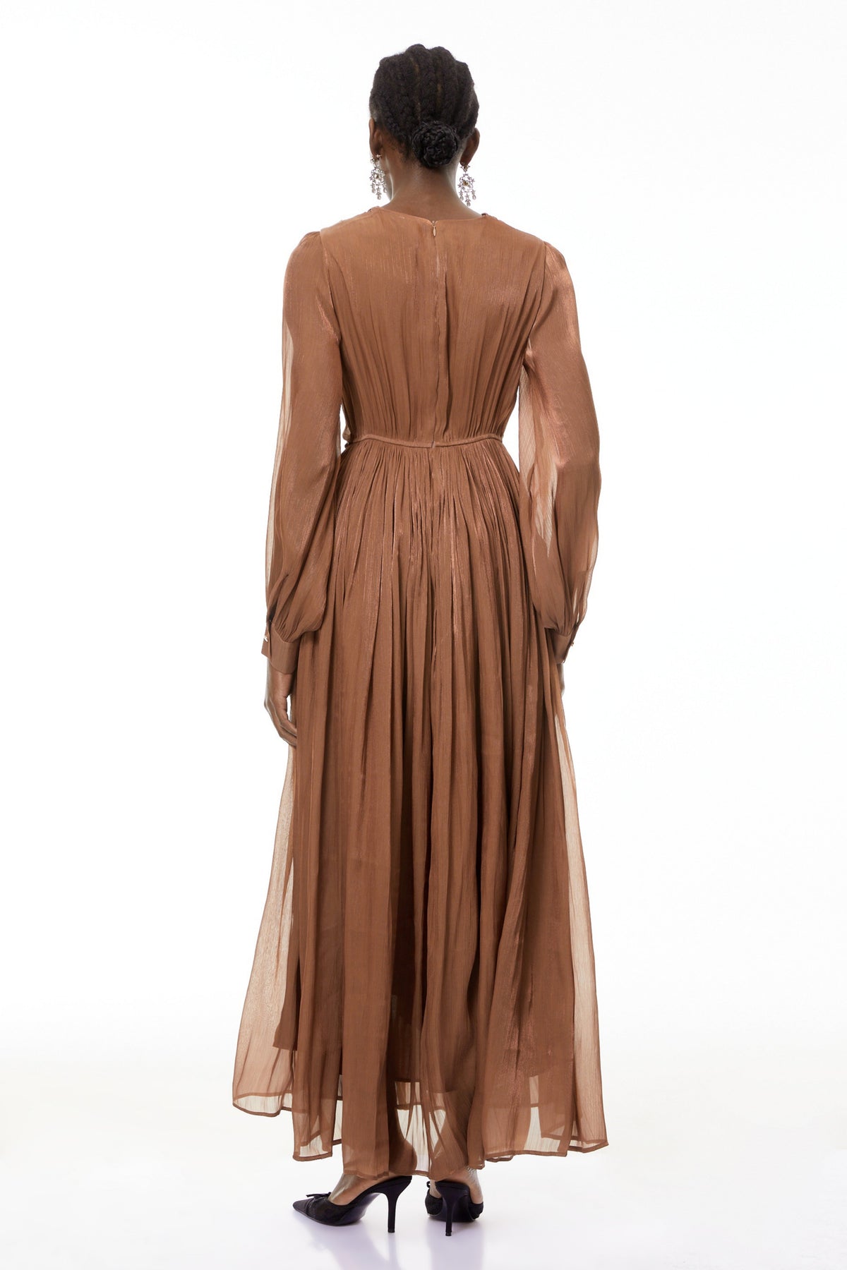 Gisela Brown Embroidered Ruched Maxi Dress