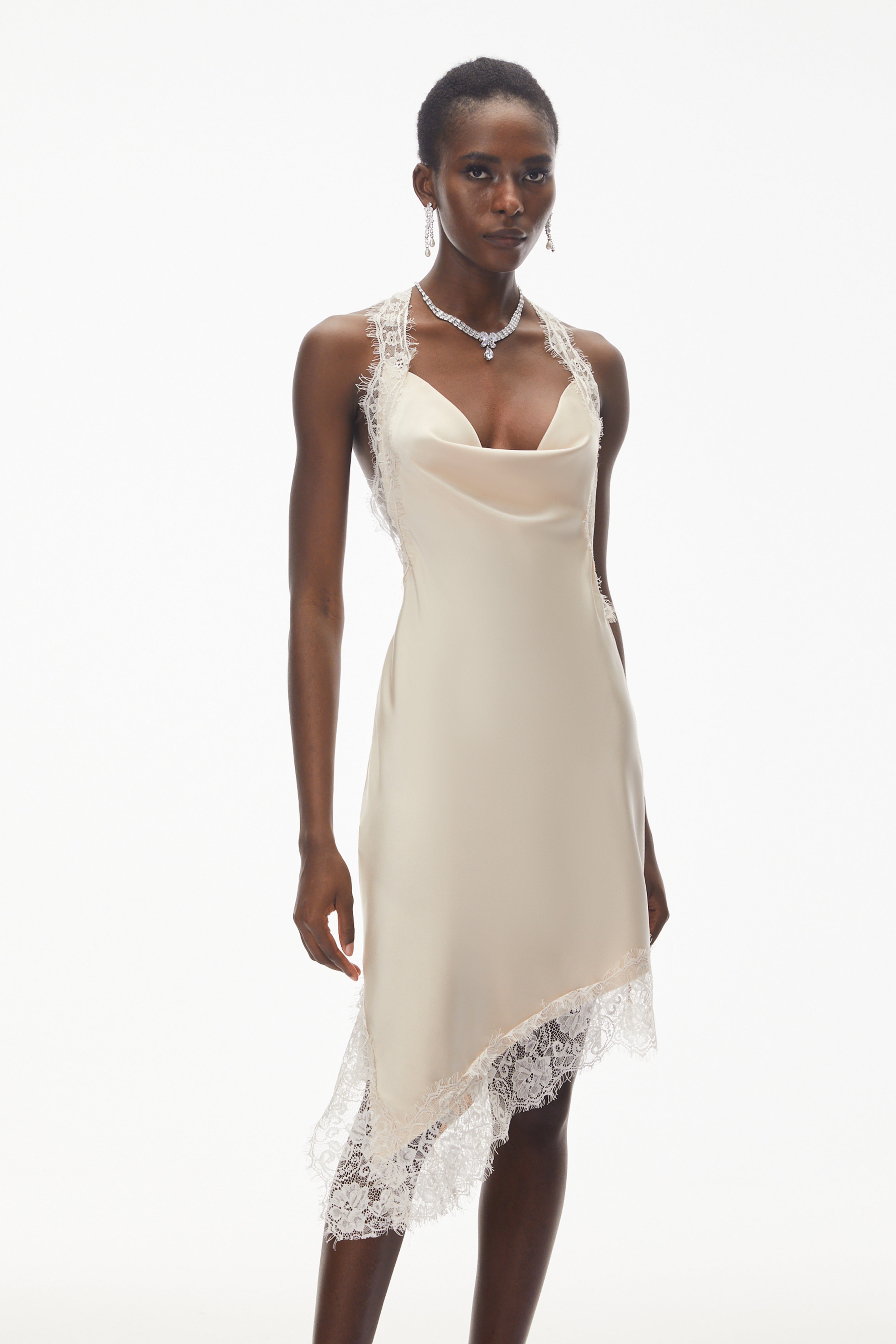 Gudrun Neutral Halterneck Satin Mini Dress
