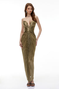 Guillermo Gold Off-Shoulder Maxi Dress